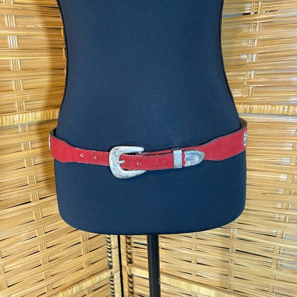 Vintage Red Suede Southwestern Concho Belt Silver Animal Symbols - Picture 1 of 12